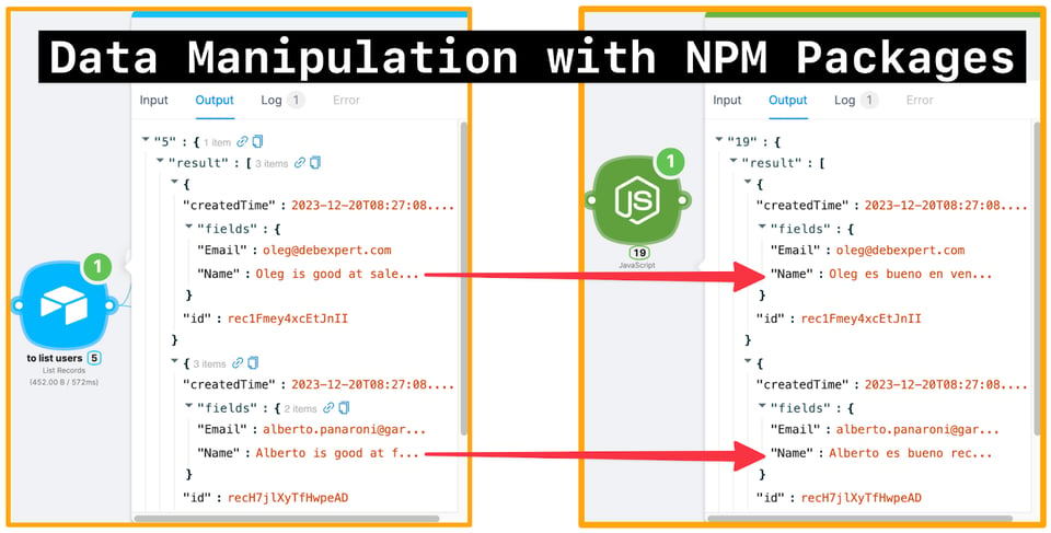 Vergleich der Datenausgaben vor und nach der Manipulation mit NPM-Paketen, um zu zeigen, wie Latenode den Code vom Englischen ins Spanische umwandelt