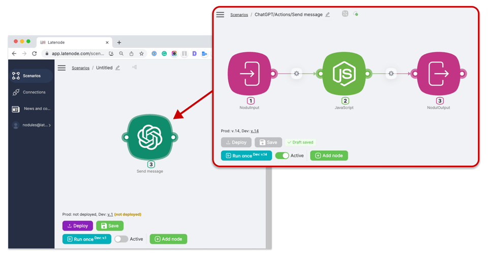 Der Screenshot zeigt die Aktion "Nachricht senden" in einem Latenode Automatisierungsszenario, das NodulInput, JavaScript-Verarbeitung und NodulOutput umfasst.